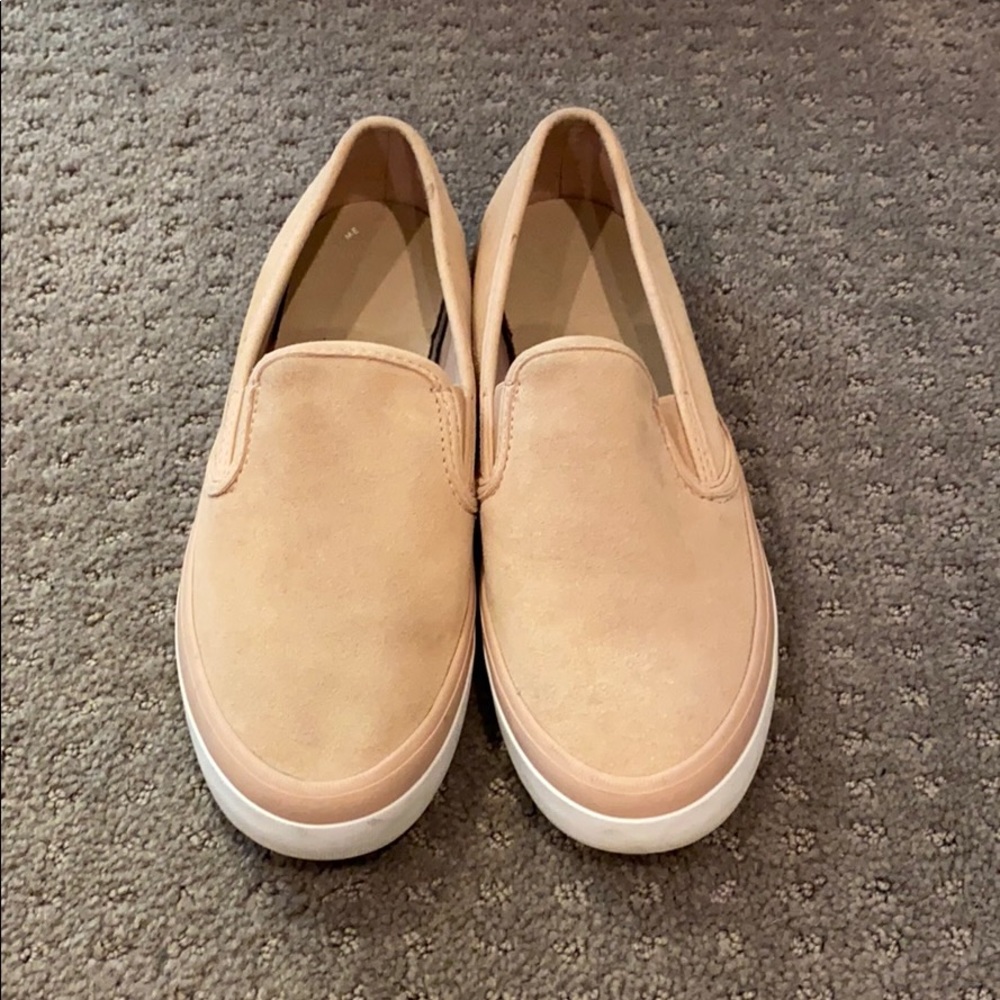Pink suede Sperry slip ons